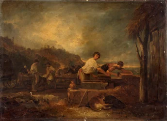 Landschaft mit arbeitenden Maurern